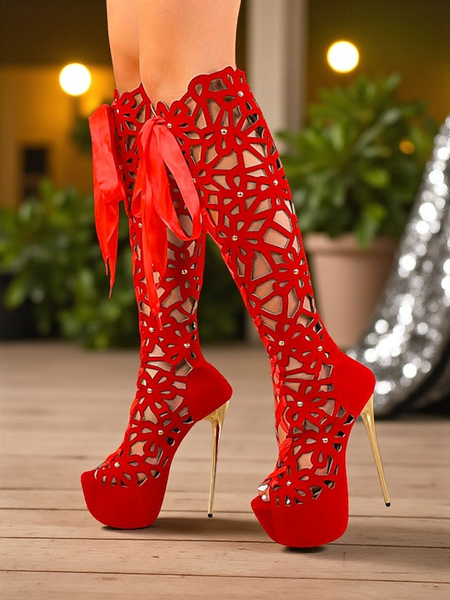 Cutout Peep Knee Boots Sexy Platform Stiletto High Women's