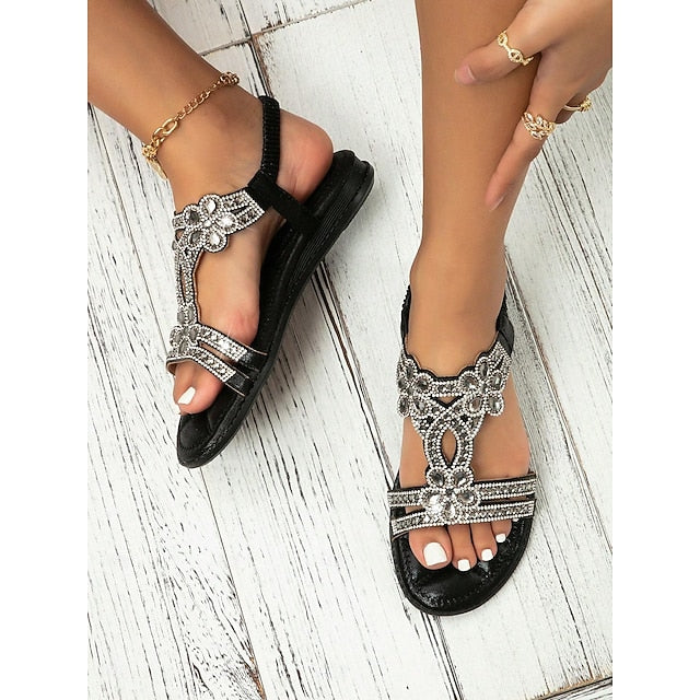 Boho Silver – Rhinestone Sandals Flat T-Strap Women's
