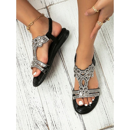 Boho Silver – Rhinestone Sandals Flat T-Strap Women's