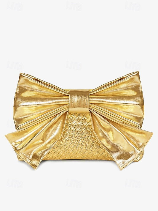 Leather Bow Faux Oversized with Clutch Bag Women's Gold