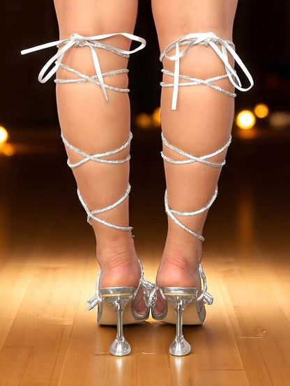 Bow and Sandals with Heeled Crystal Glitter Silver Women's