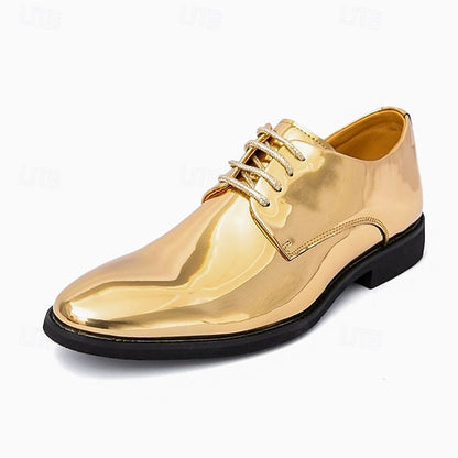 Gold – for Lace-Up Sleek Shoes Leather Men Patent Shiny