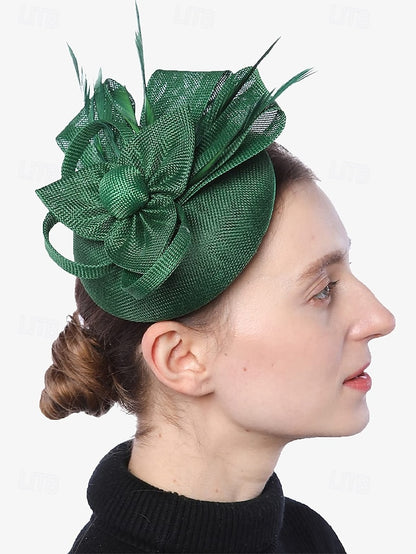 Women's Hat and Bow Accents Green with Feather Fascinator