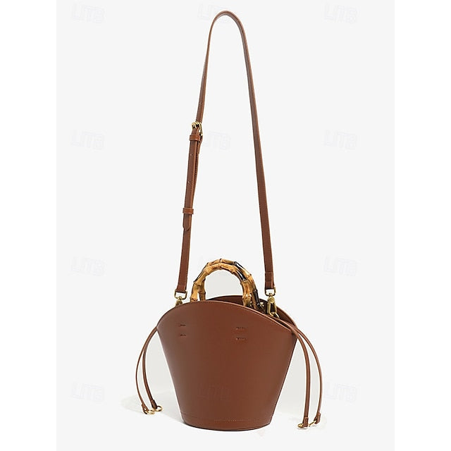 Bamboo with Leather Bag Handle Women's Bucket Brown
