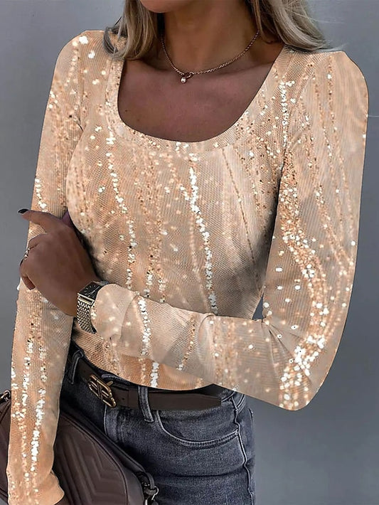 Women's T shirt Long Sleeve Ribbed Graphic Square Neck Long