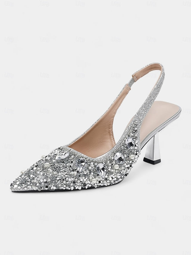 Women's Slingback Heels with Rhinestone Pearl Gold