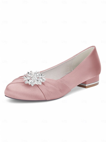 White Wedding Satin Flats – Elegant Crystal Women's