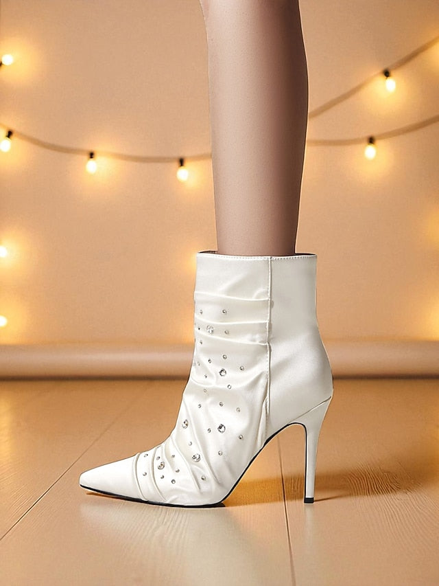 Rhinestone White with Satin Women's Ankle Boots