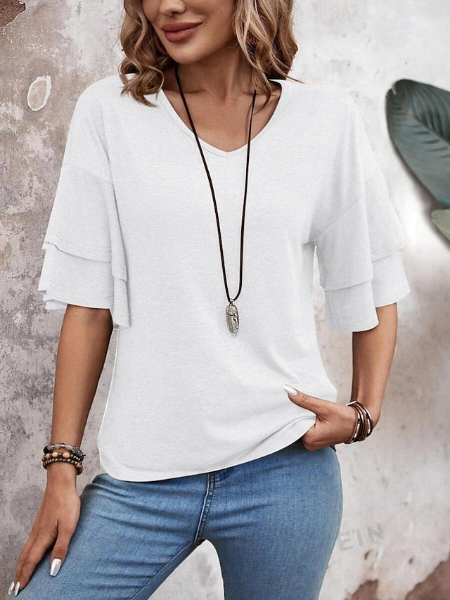 Women's T Shirt Tee Top Ruffle Plain Fashion Stylish