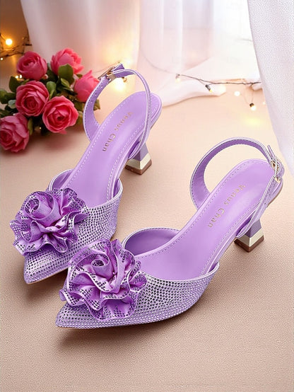 Floral Heels Purple with Women's Rhinestone Slingback