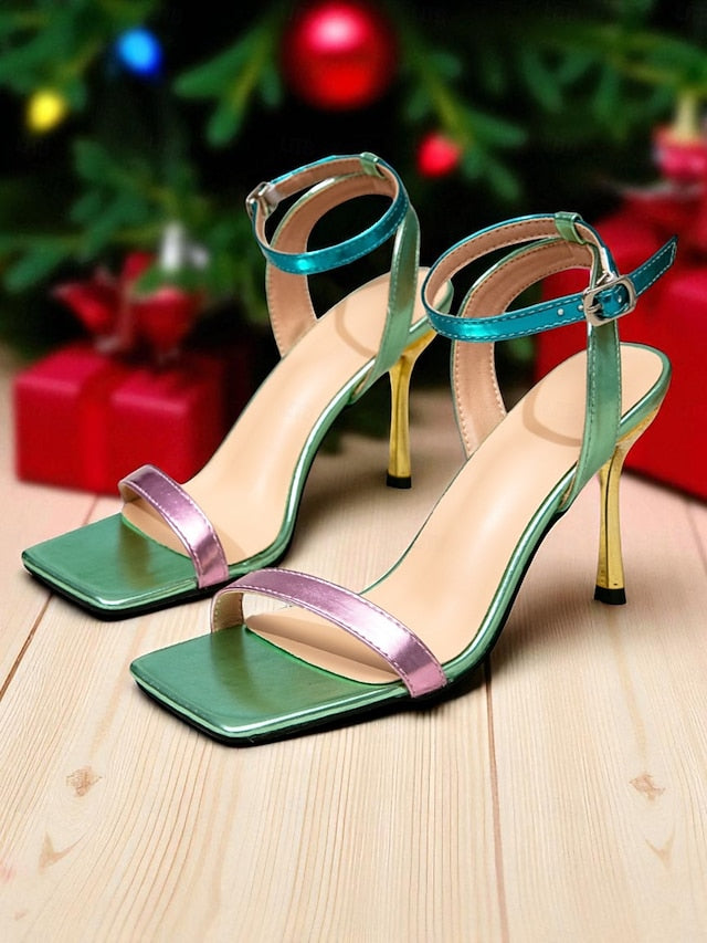 - Toe Stiletto Women's Square Strappy Iridescent Sandals