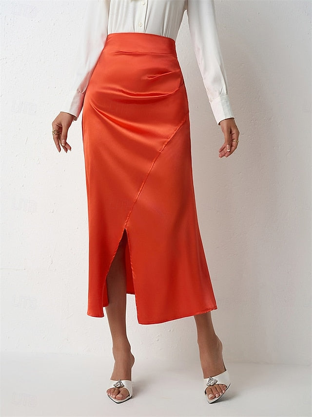 Women's Satin Skirts Elegant Vintage Fashion Casual Midi