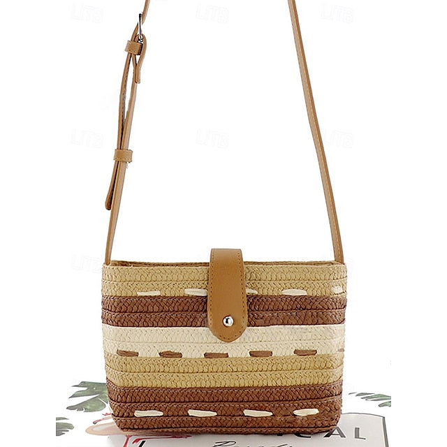 Woven with Women's Colorblock Straw Striped Brown Tote Bag