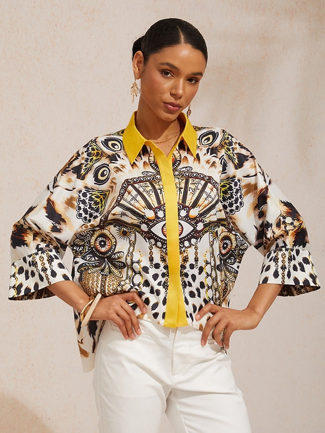 Vintage Leopard Jewelry Silky Satin Dolman Sleeve Shirt