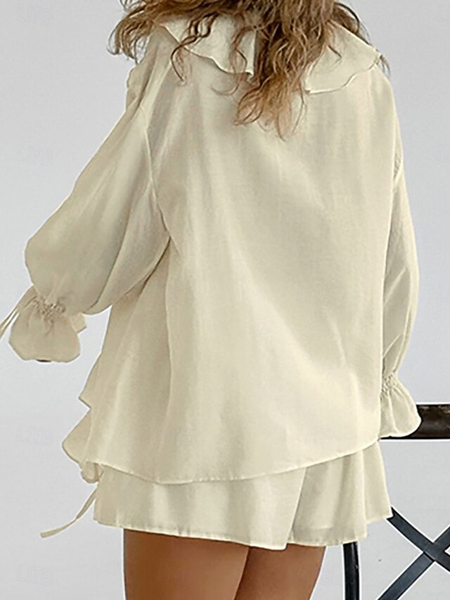 Women's Shirt Blouse Ruched Lace up Ruffle Solid Color