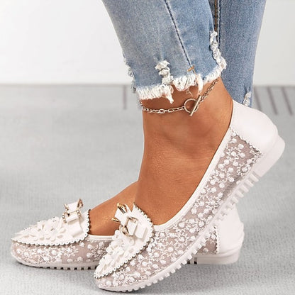 - Flats Bow and Details Pink Floral Lace with Women's