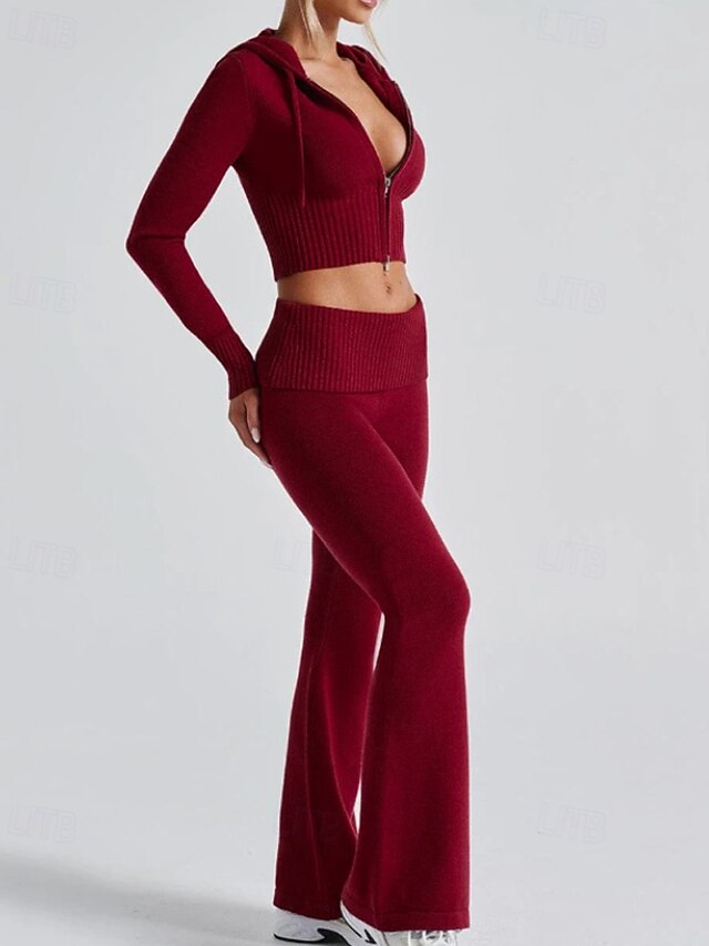 Women's Pants Sets Bolero Top Long Sleeve Hooded Plain