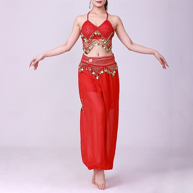 Latin Dance Top Gold Coin Pure Color Splicing Women's