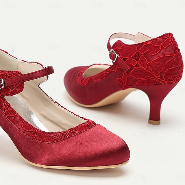 Satin Comfortable - Heels Elegant Red Women's Lace Mid-Heel