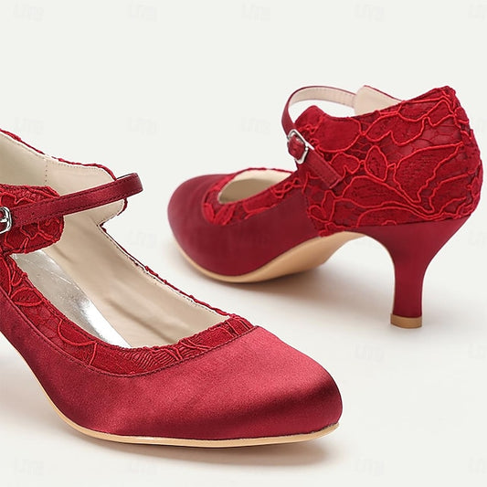 Satin Comfortable - Heels Elegant Red Women's Lace Mid-Heel
