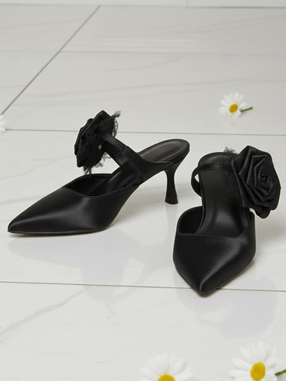 Women's Toe Ankle Satin Floral Pointed Heels with Green