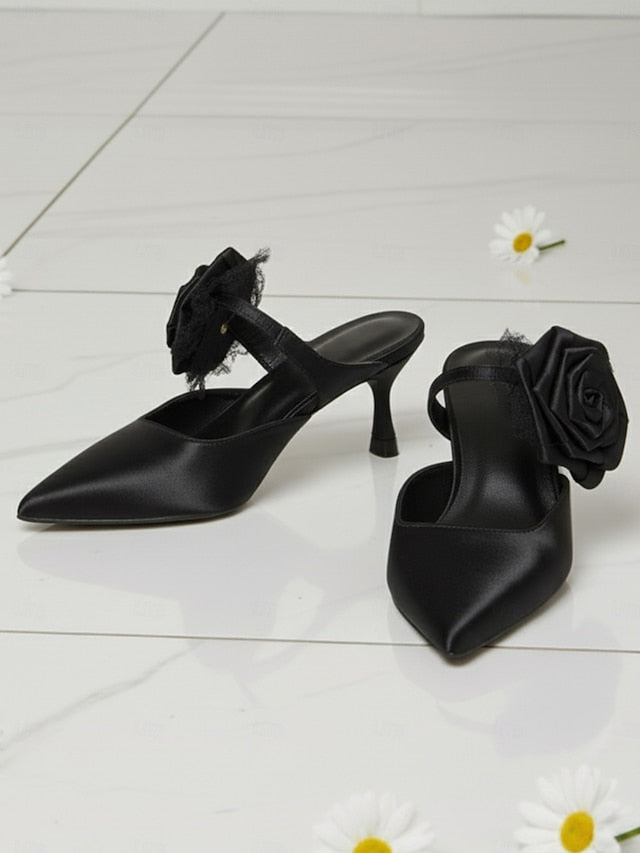 with Pointed Green Heels Ankle Satin Women's Floral Toe