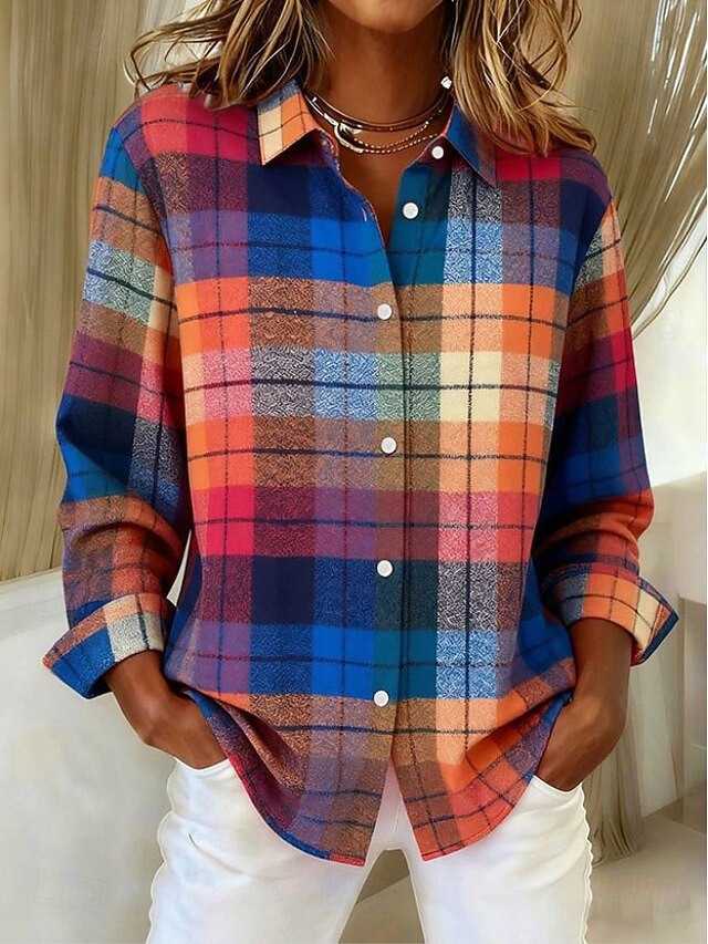 Women's Shirt Blouse Plaid Casual Long Sleeve Shirt Collar