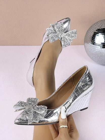 Glitter Women's Heels Bow Wedge Black Leather Patent with