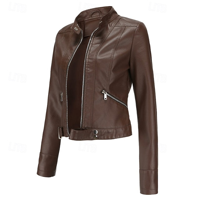 Faux Zipper Jacket Pocket Leather Women's Comfortable