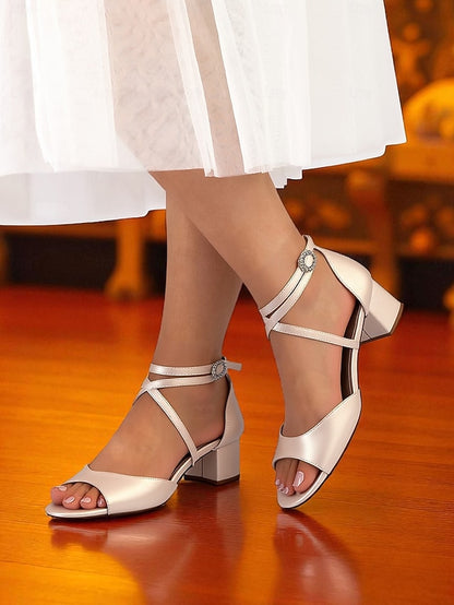 Strap Elegant Block - Satin Sandals with Ankle Women's Heel