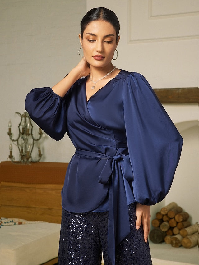 Satin Solid Casual Juliet Sleeve Tie Front Blouse