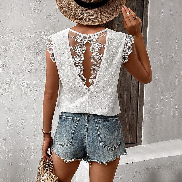 Women's Eyelet Embroidery T Shirts Lace Patchwork Backless