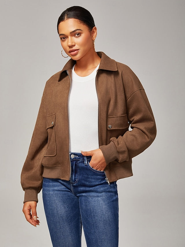 Women's Relaxed Faux Suede Zip Jacket Lapel Collar Ribbed