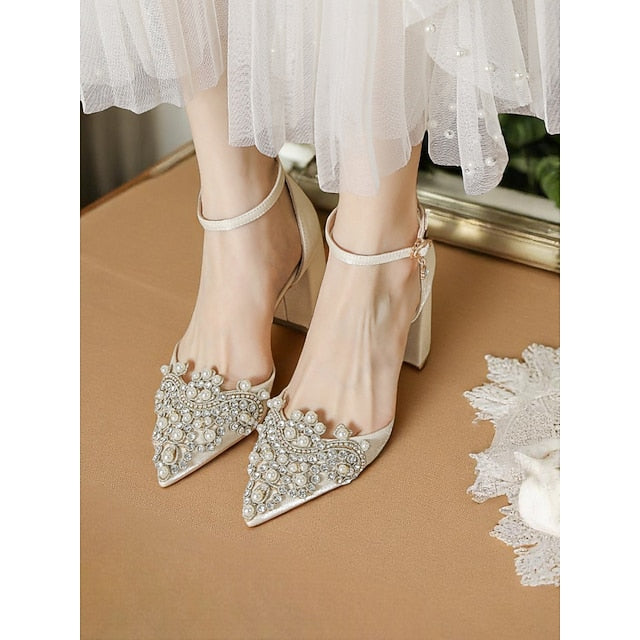 Women's and Embellished Pearl Block Rhinestone Wedding Heel