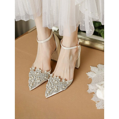 Pearl Wedding Heel Women's and Rhinestone Block Embellished
