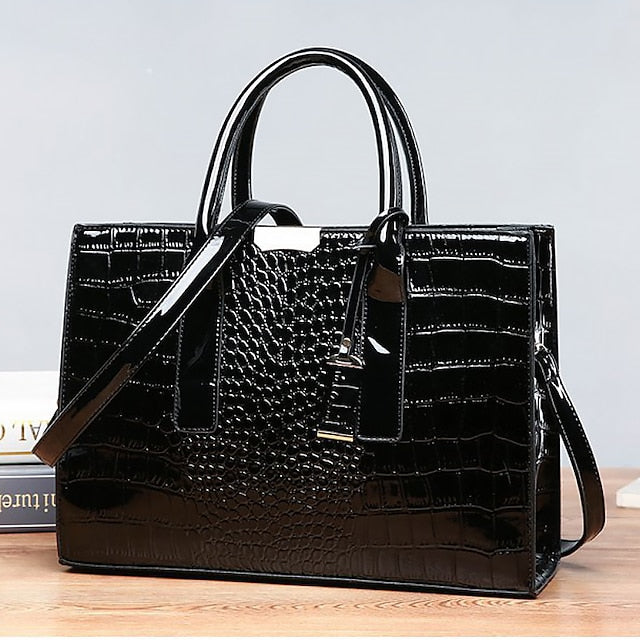 Black Crocodile Women's Leather Pattern Handbag with Patent