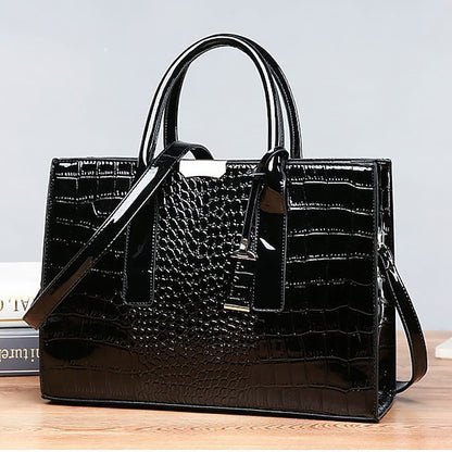 Black Crocodile Women's Leather Pattern Handbag with Patent