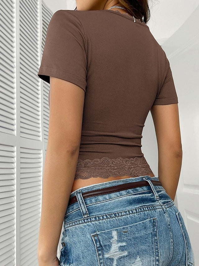Women's Wrap Crop Top Lace Trim Solid Color Daily Stylish
