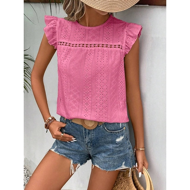 Women's T Shirt Tee Top Ruffle Eyelet Plain Fashion Stylish