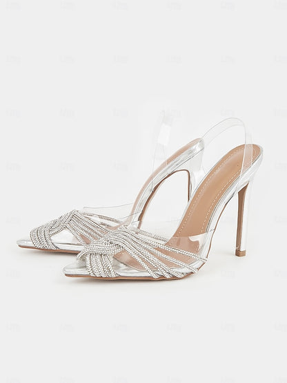 Transparent with Straps Sandals Silver Stiletto – Rhinestone