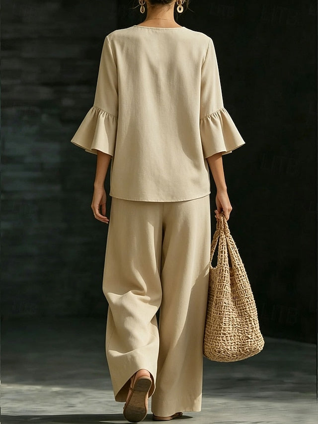 Women's Pants Sets Half Sleeve V Neck Solid Color Fashion