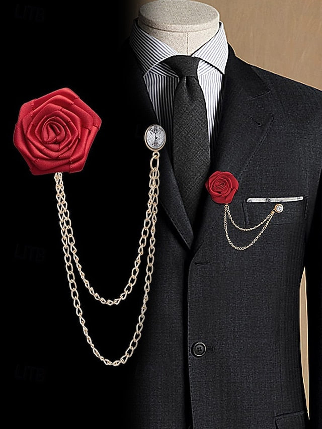 Lapel Elegant Pin – Red Men's Chain with Gold Rose