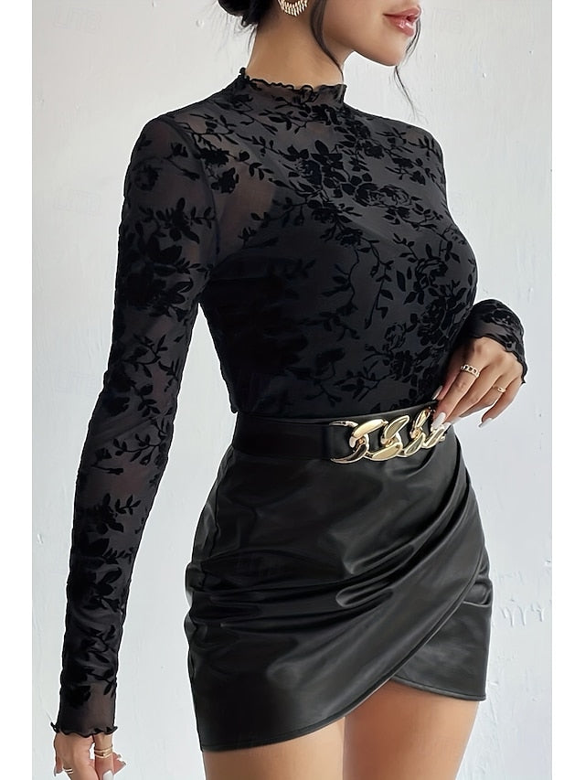 Women's Blouse Mesh Plain Stylish Long Sleeve High Neck