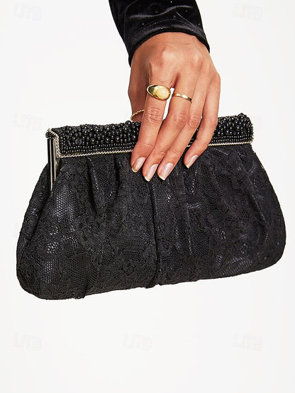 Bag Women's Clutch Beaded Black Evening with Elegant Lace