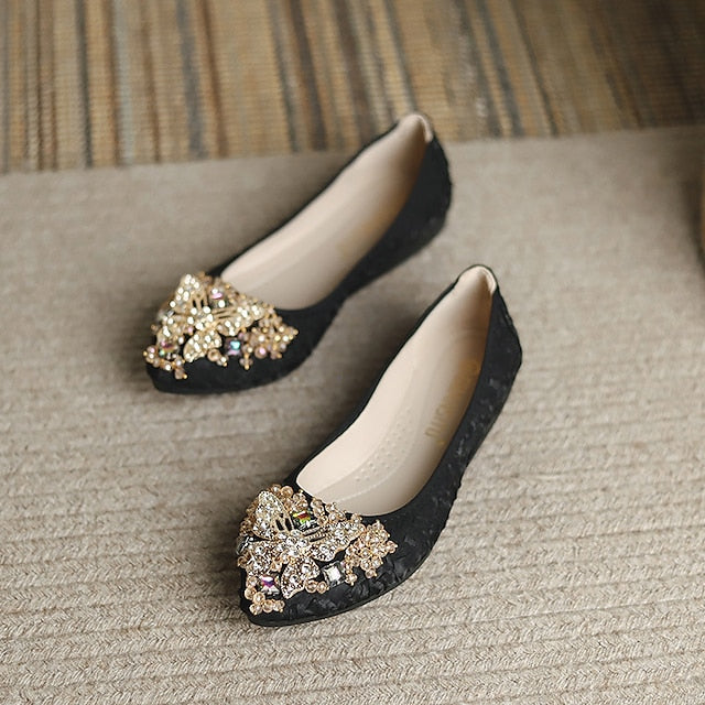 Floral Embellished Women's Flats - Foldable Wedding Crystal