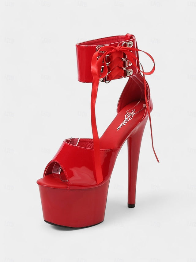 Straps Black Patent Leather Lace-Up Sandals Ankle Platform with