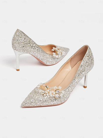 Women's Floral Heels Stiletto Silver with Glitter