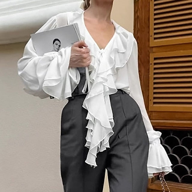 Ruched Tops Satin Chiffon Women's Top Elegant Blouse Ruffle