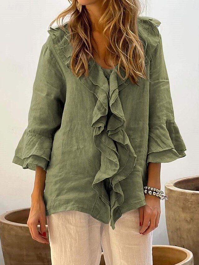 Women's Shirt Blouse Faux Cotton Linen Ruffle Solid Color
