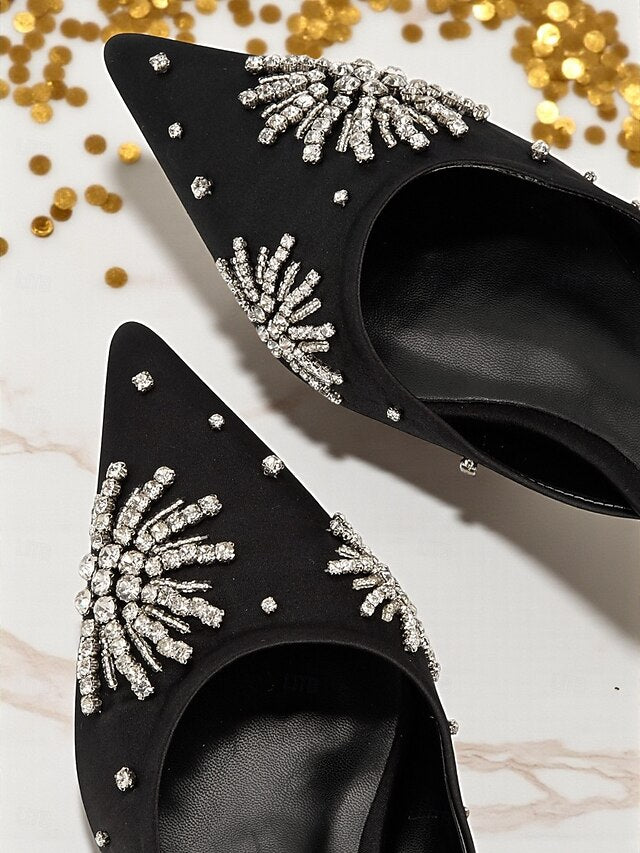 with Pointed Women's Satin Toe Rhinestone Black Mules